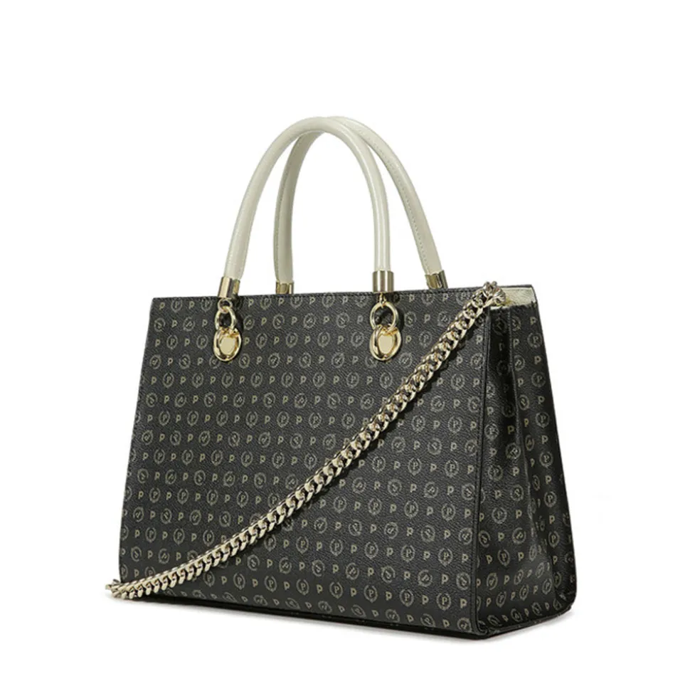 Borsa Donna a Mano con Tracolla POLLINI linea Heritage Logo Classic Nero e Avorio