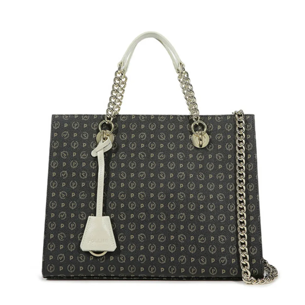 Borsa Donna a Mano con Tracolla POLLINI linea Heritage Logo Classic Nero e Avorio