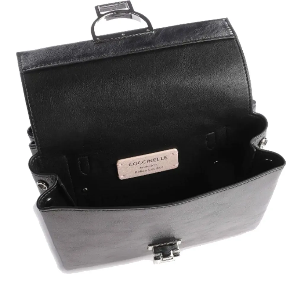 Borsa Donna a Mano con Tracolla COCCINELLE in Pelle Nera Metallizzata Linea Arlettis Pepita