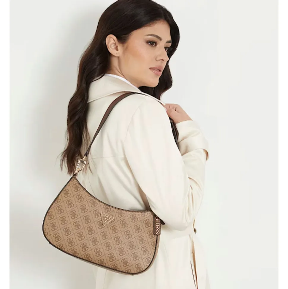 Borsa Donna a Spalla GUESS Linea Noelle colore Latte Logo - Brown Misura Piccola