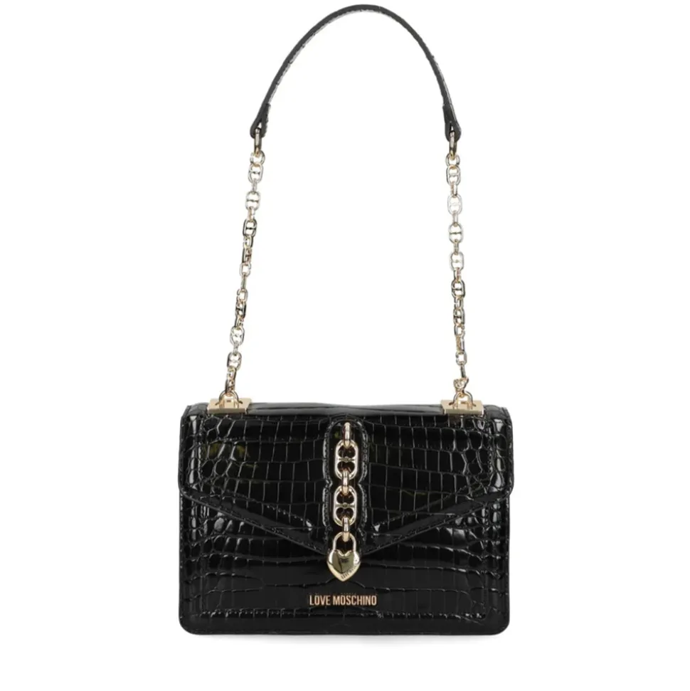 Borsa Donna a Spalla LOVE MOSCHINO linea Chain Detail stampa Cocco Nero