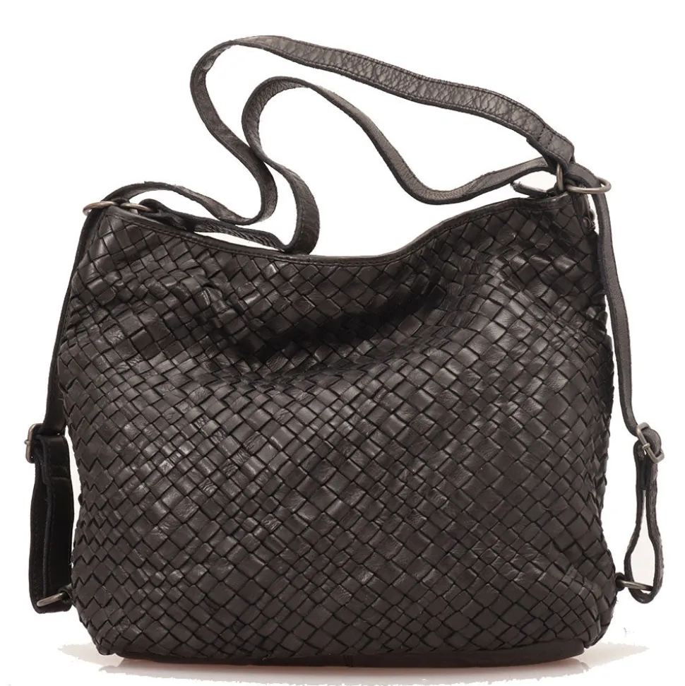 Borsa Donna con Portabilità a Zaino GIANNI CONTI in Pelle Intrecciata Nera