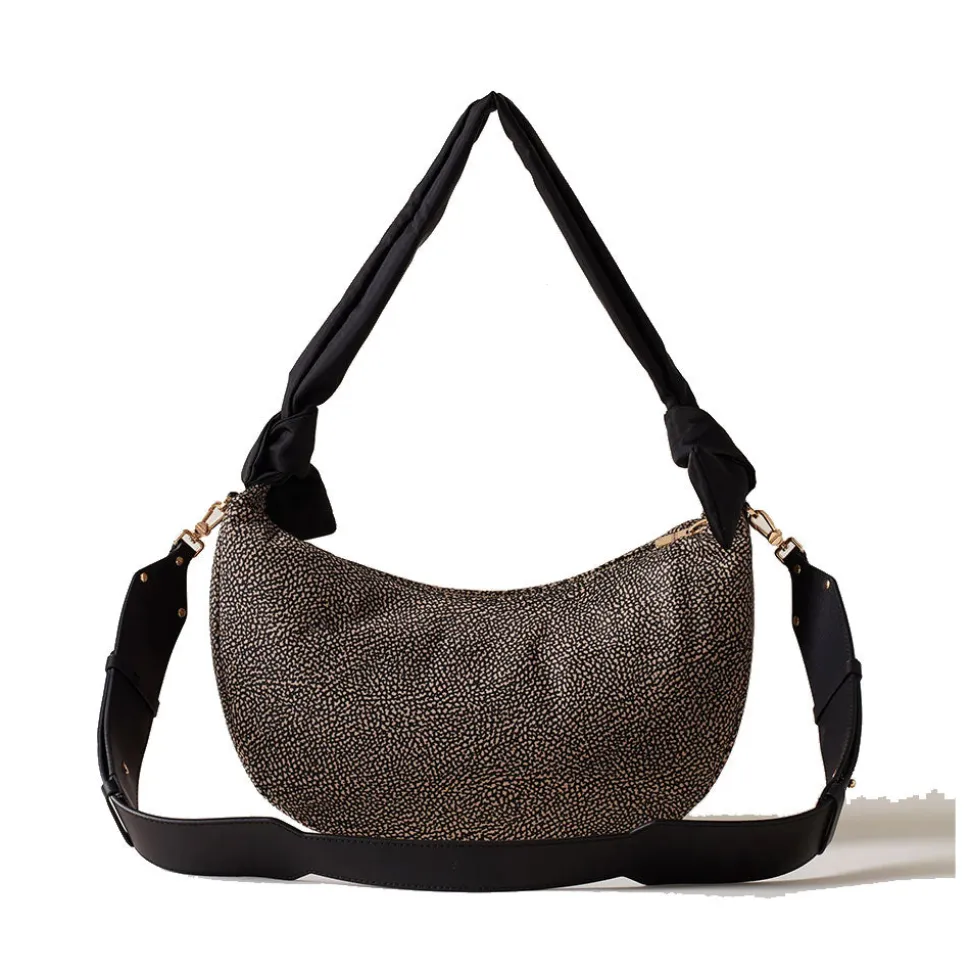 Borsa Donna Hobo Medium BORBONESE linea Lover in Tessuto stampa Op Naturale e Nero