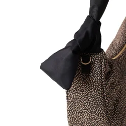 Borsa Donna Hobo Medium BORBONESE linea Lover in Tessuto stampa Op Naturale e Nero