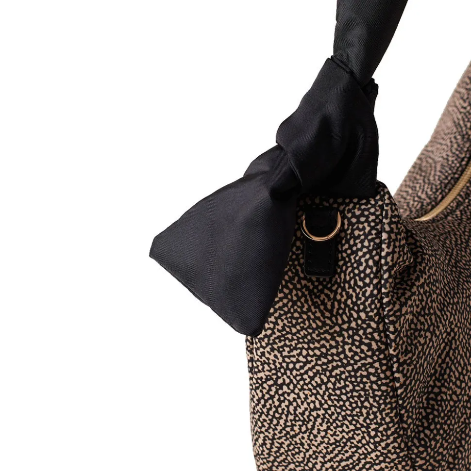 Borsa Donna Hobo Medium BORBONESE linea Lover in Tessuto stampa Op Naturale e Nero