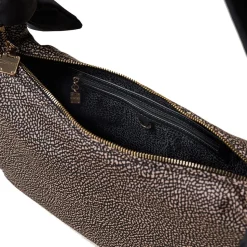 Borsa Donna Hobo Medium BORBONESE linea Lover in Tessuto stampa Op Naturale e Nero