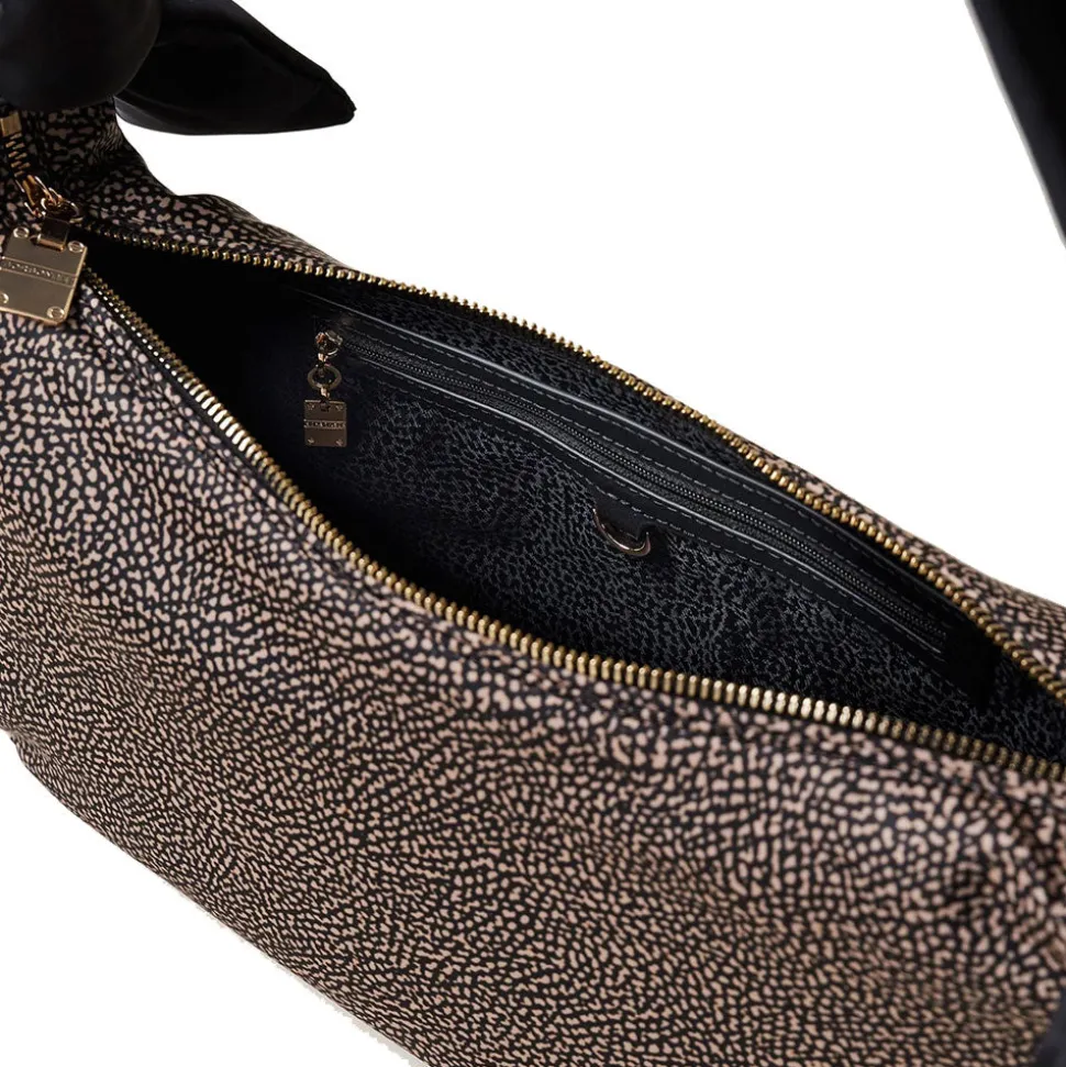 Borsa Donna Hobo Medium BORBONESE linea Lover in Tessuto stampa Op Naturale e Nero