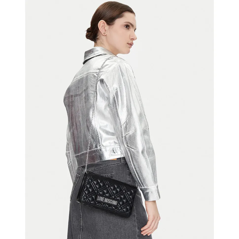 Clutch Donna con Tracolla LOVE MOSCHINO linea Shiny Quilted Nero e Nikel