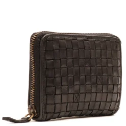 Portafoglio Donna Piccolo Zip Around in Pelle Nera Intrecciata Gianni Conti