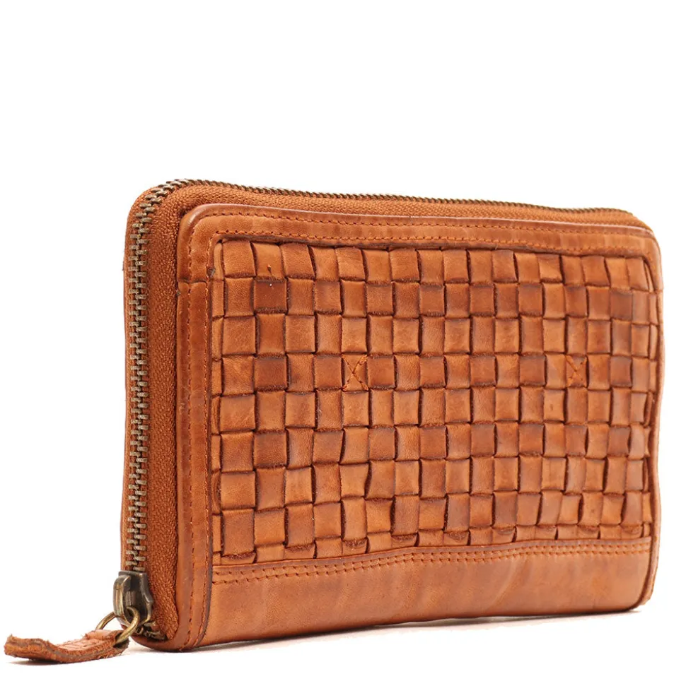 Portafoglio Donna Zip Around in Pelle Color Cognac Intrecciata Gianni Conti