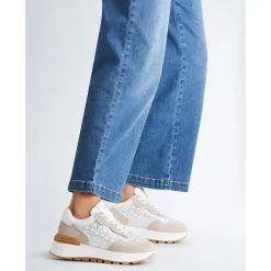Scarpe Donna LIU JO Amazing 20 Sneakers Platform in Suede Sabbia e Canvas Bainca con Strass