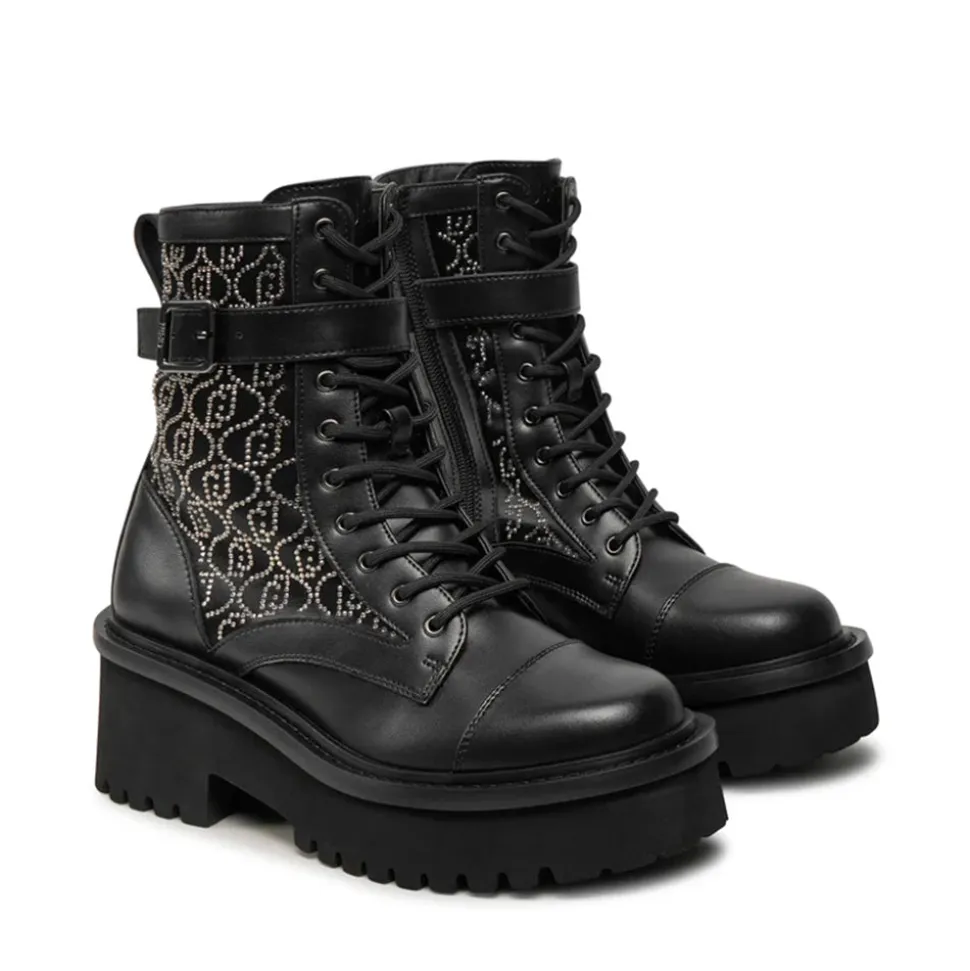 Scarpe Donna LIU JO Flair 03 Anfibi in Nylon Nero con Logo in Strass All Over