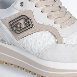 Sneakers Platform Donna LIU JO Maxi Wonder 73 in Suede e Ricamo Floreale Off White