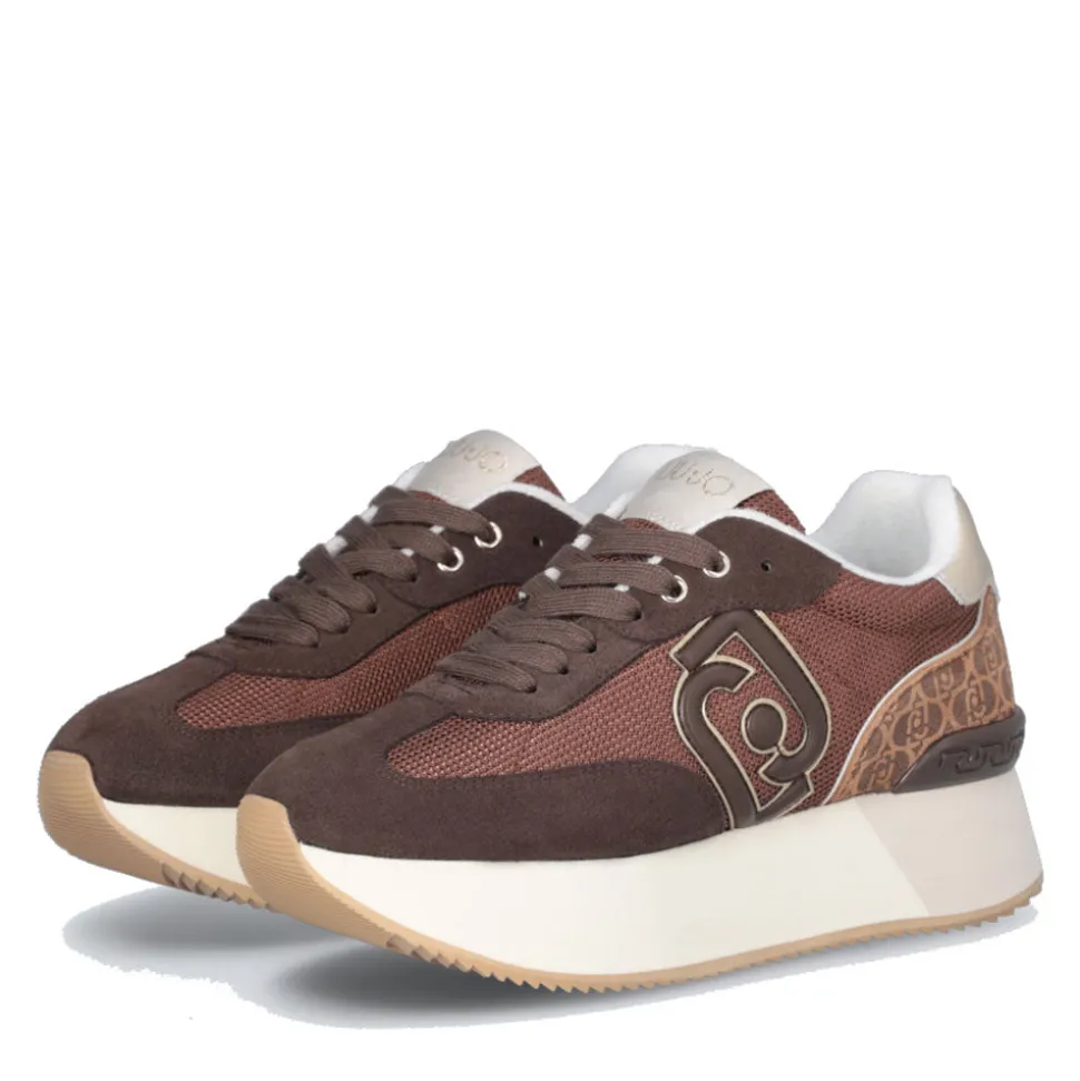 Sneakers Platform Donna LIU JO Dreamy 02 in Suede Brighty Mesh e Inserto Monogram Ebano Light Gold