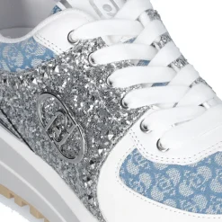 Sneakers Platform Donna LIU JO Maxi Wonder 87 in Tessuto Monogram Denim con Inserti Glitter