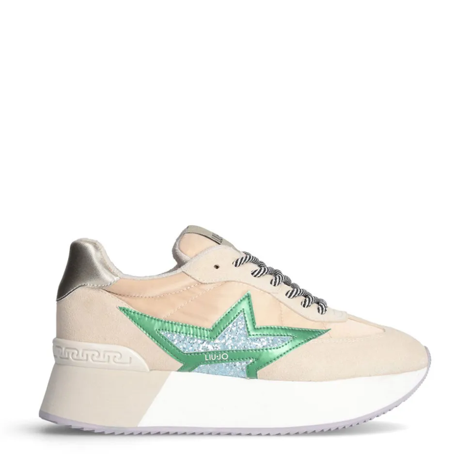 Sneakers Platform Donna LIU JO Dreamy 03 in Suede Nylon e Glitter colore Ecru Green Turquoise