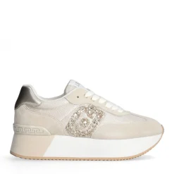 Sneakers Platform LIU JO Dreamy 02 in Suede e Mesh con Logo Glitter Ecru Light Gold