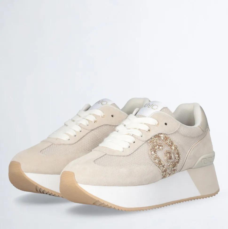 Sneakers Platform LIU JO Dreamy 02 in Suede e Mesh con Logo Glitter Ecru Light Gold