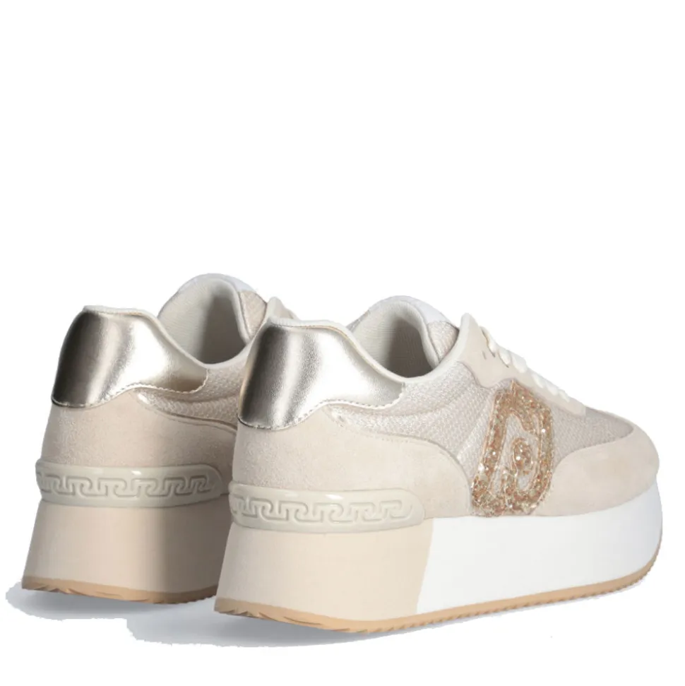 Sneakers Platform LIU JO Dreamy 02 in Suede e Mesh con Logo Glitter Ecru Light Gold