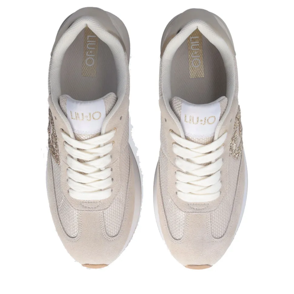 Sneakers Platform LIU JO Dreamy 02 in Suede e Mesh con Logo Glitter Ecru Light Gold