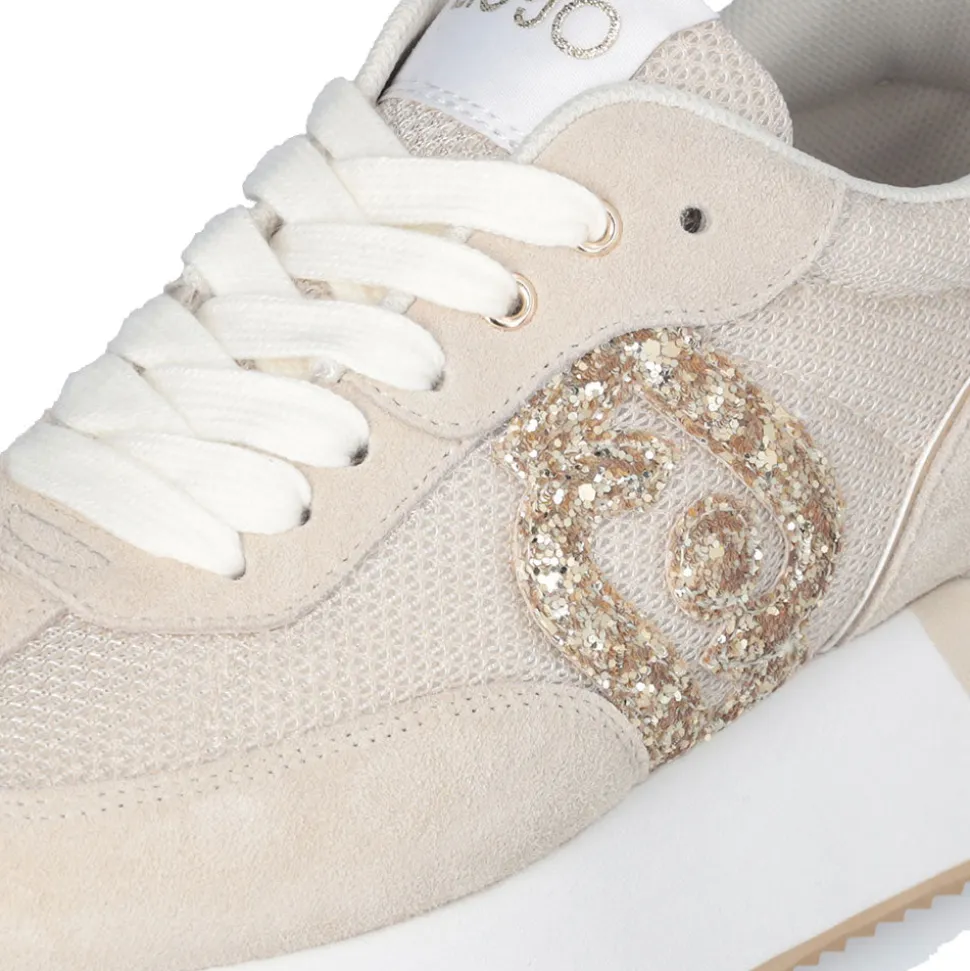 Sneakers Platform LIU JO Dreamy 02 in Suede e Mesh con Logo Glitter Ecru Light Gold